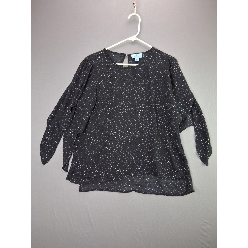 CeCe Blouse Tie Sleeve Polka Dot Top Size M Black Multi Confetti Keyhole Back